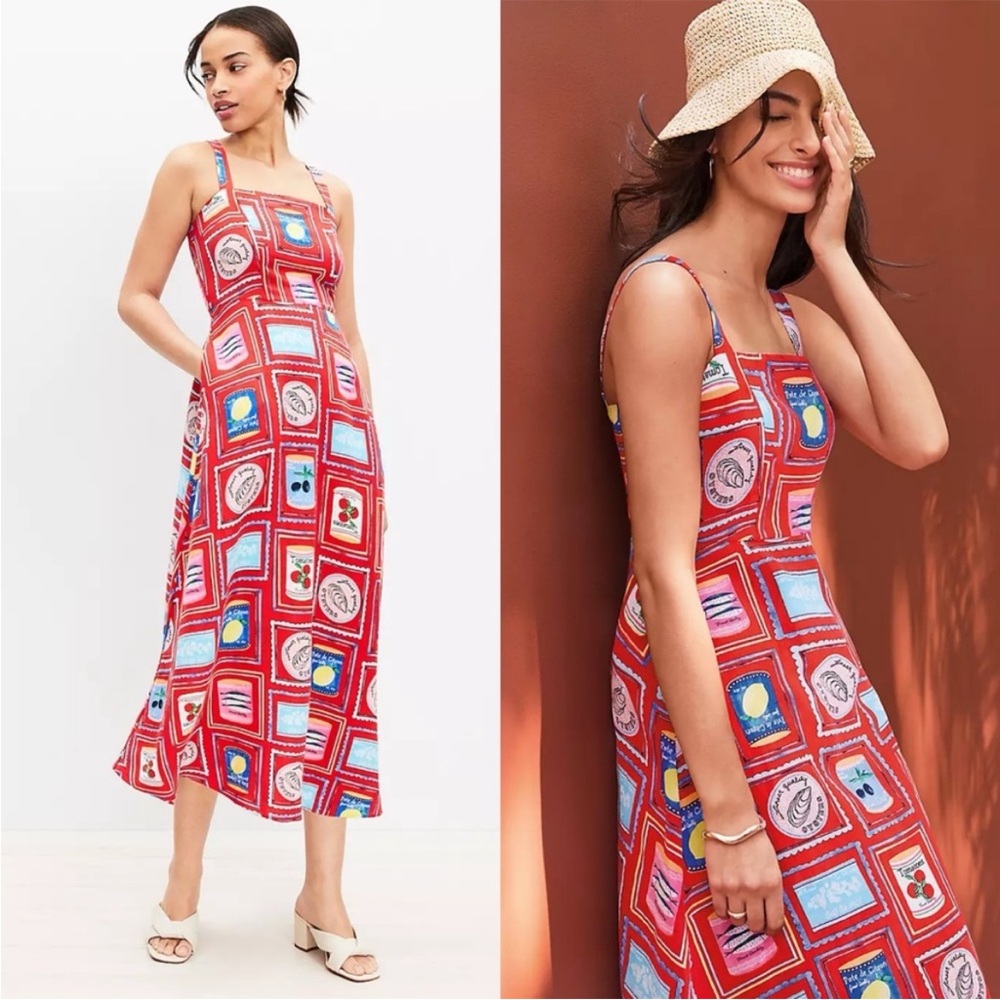 LOFT NWT Linen Blend Midi Dress Petite 2 Red Food Print A-Line Sundress